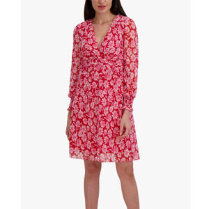 Julia Jordan Floral Long Sleeve Tie Back Dress Pink Chiffon V Neck Size 2